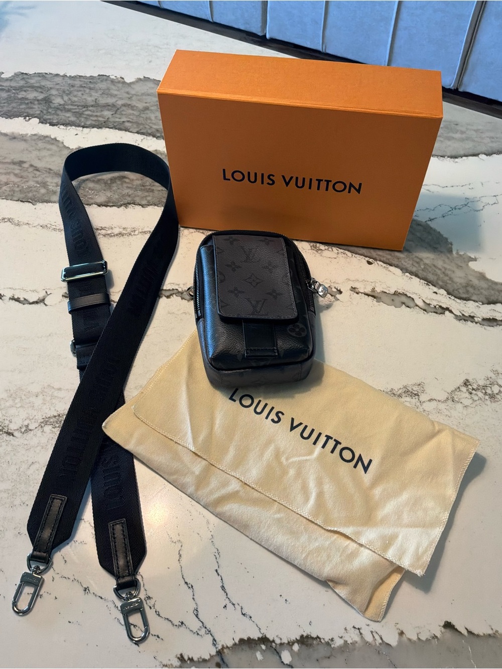 Louis Vuitton Eclipse Monogram Double Phone Case with Strap Like New In Box